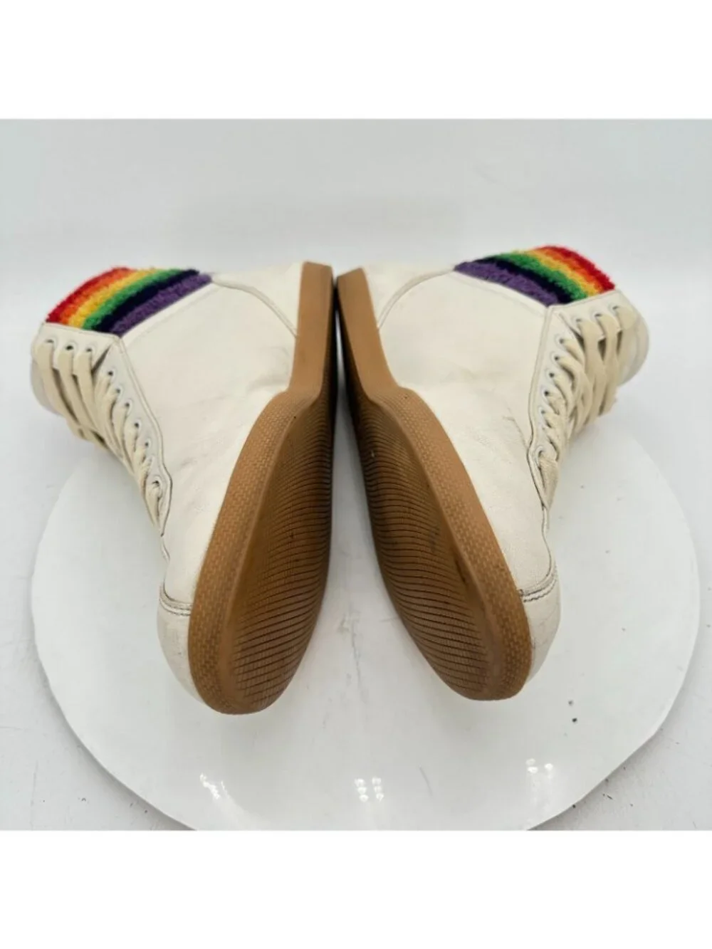 Gucci Men Sz UK 9.5D US 10 White Leather Lace Up Rainbow Heel Collar Mid Shoes
